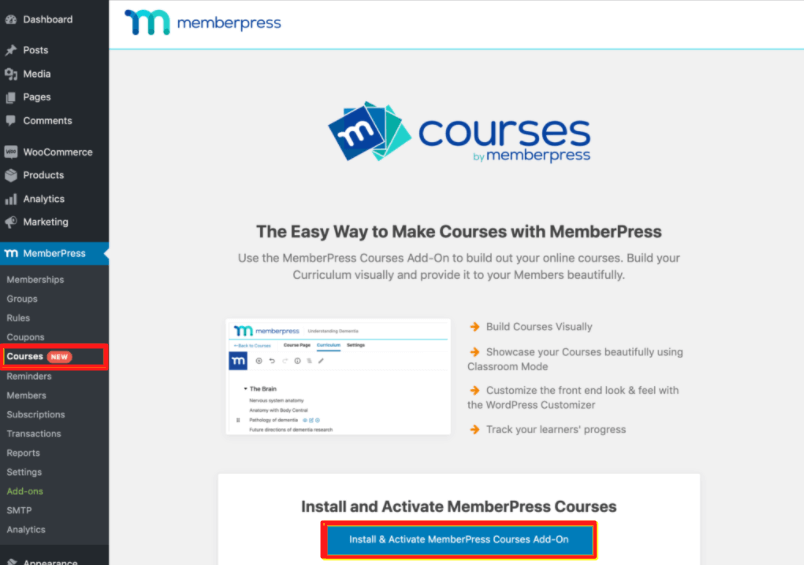 MemberPress Courses add-on your WordPress dashboard for creating and selling online courses.