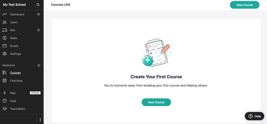 Name your online school, and start creating your courses on Teachable right from your dashboard