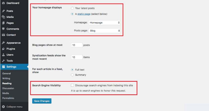 the reading settings on your WordPress dashboard