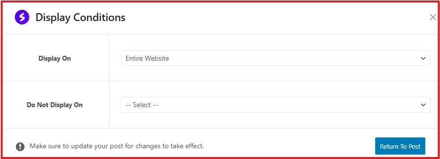 spectra-popup-builder-display-conditions choose to display your info bars and popup forms on any WordPress or WooCommerce page.