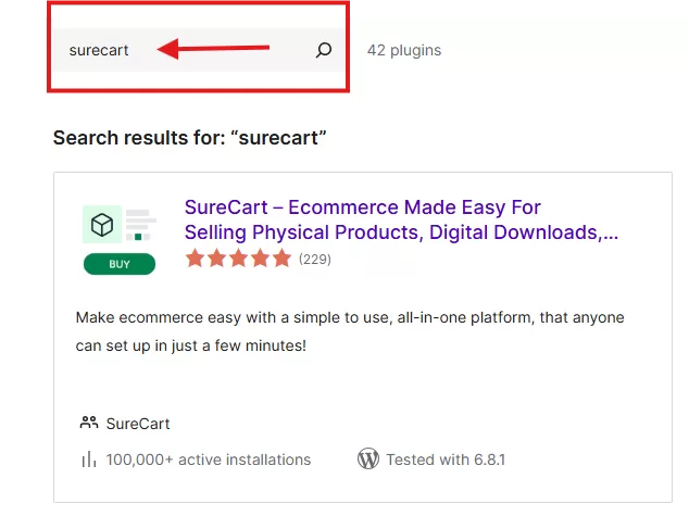 search for surecart plugin in the wordpress repository to install and activate