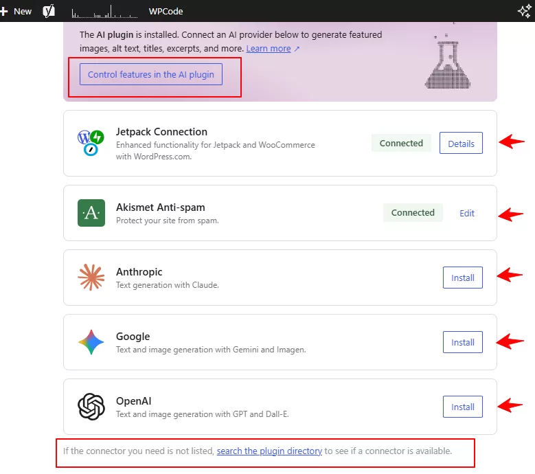 WordPress AI plugin configuration screen with options to install connectors for Anthropic, Google, and OpenAI