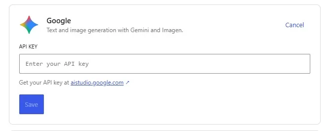 Google API key entry dialog for Gemini and Imagen text and image generation