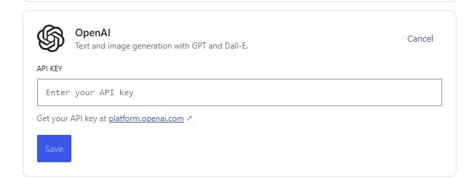 OpenAI API key configuration form with an input field and a Save button