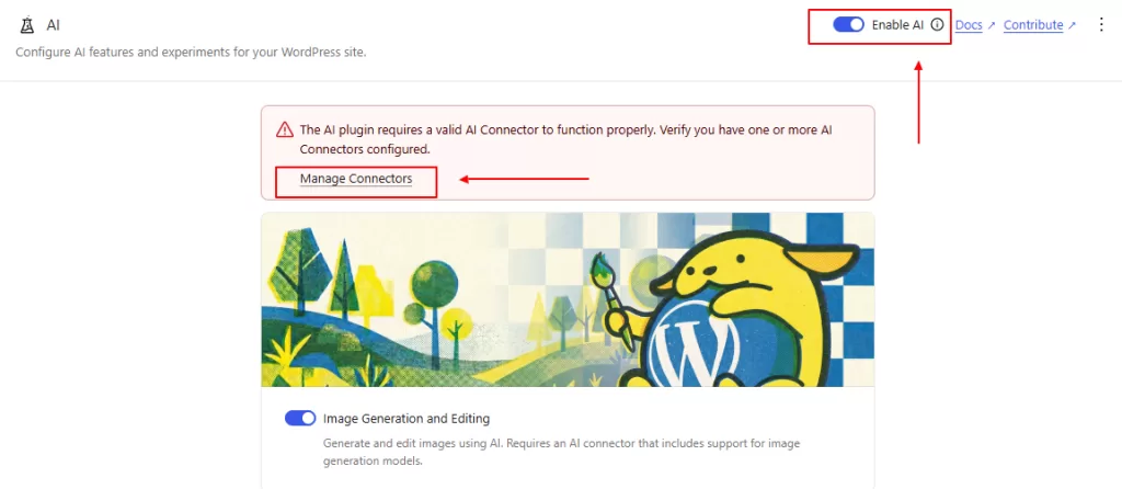 WordPress AI settings page with red arrows pointing to the Enable AI toggle and the Manage Connectors button