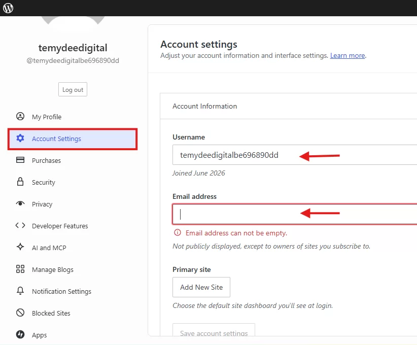 How to set up your WordPress.com Account Settings in the dashboard