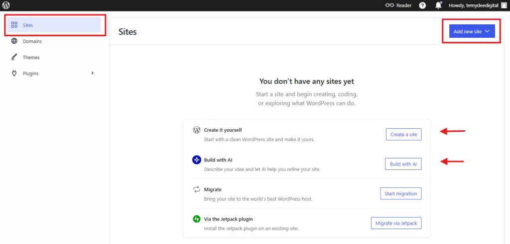 how to create a site or blog in the WordPress.com dashboard