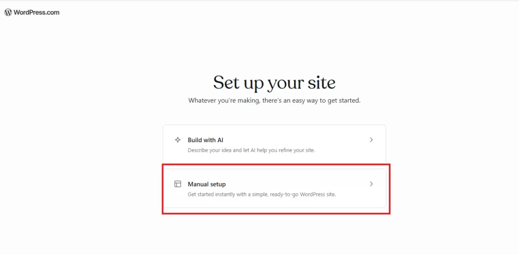 how to manually set up your site in the WordPress.com dashboard
